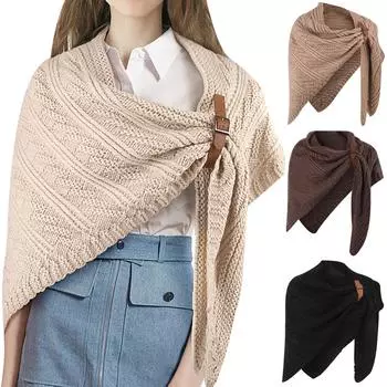 Женский теплый вязаный шерстяной однотонный шарф-шаль Шарф One Size чёрный