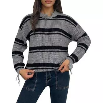 Женский теплый вязаный свитер осень-зима с кисточками и краями, пуловер с круглым вырезом, свитер большого размера, толстовка, спортивная одежда S серый