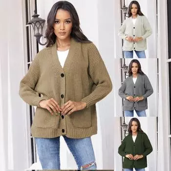 Женский теплый вязаный свитер с длинным рукавом, вязаный осенний кардиган, свитера на пуговицах, с открытым передом, пуловеры, джемперы, верхняя одежда S серый