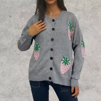 Женский теплый вязаный свитер с V-образным вырезом, пуловер, джемпер с длинным рукавом, вязаный жаккардовый свитер с пуговицами, кардиган, верхняя одежда S серый