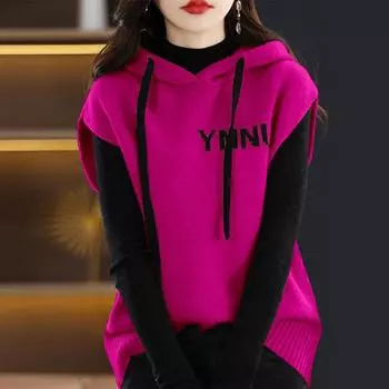 Женский теплый вязаный жилет весна-осень с капюшоном свободный повседневный жилет больших размеров 3XL