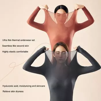Женский термобелье, комплект нижнего белья с длинными рукавами, бесшовные джинсы, высокоэластичный осенне-зимний термобелье для женщин L(40-60kg) чёрный