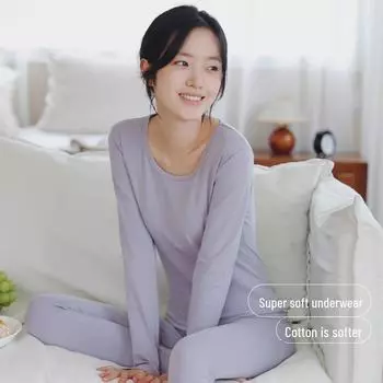 Женский термокомплект из чистого хлопка: Тонкий свитер и облегающие брюки с круглым вырезом в однотонных тонах для осени и зимы. XXL