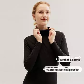 Женский термокомплект из чистого хлопка: Тонкий топ со средней горловиной и брюки на осень/зиму L