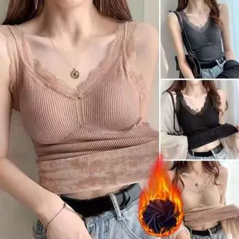 Женский терможилет с кружевной отделкой, с плюшевой подкладкой, с V-образным вырезом, без рукавов, однотонный, облегающий, эластичный, с нагрудными подушечками, многослойная майка, нижняя одежда XL