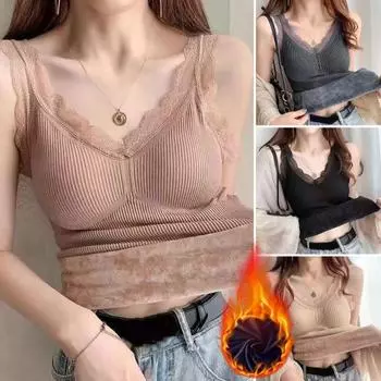 Женский терможилет с кружевной отделкой, с подкладкой из плюша, с V-образным вырезом, без рукавов, однотонный, облегающий, эластичный, с нагрудными подушечками, многослойный топ-майка для женщин 2XL