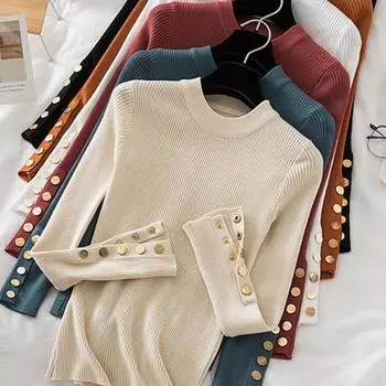 Женский толстый свитер, пуловеры цвета хаки, повседневный, осень-зима, на пуговицах, с круглым вырезом, шикарный свитер, женский, тонкий, трикотажный топ, мягкий джемпер One Size чёрный