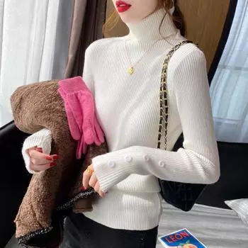 Женский толстый свитер, пуловеры цвета хаки, повседневный, осень-зима, на пуговицах, с круглым вырезом, шикарный свитер, женский, тонкий, трикотажный топ, мягкий джемпер One size света кофе