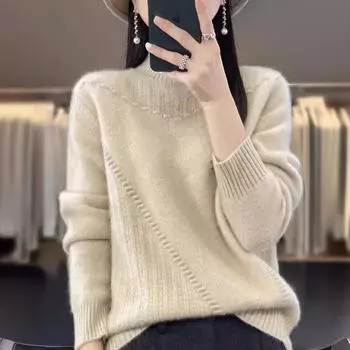 «Женский толстый теплый свитер свободной вязки с полуводолазкой, ранняя осень 2023 года» Average size 80-140 catties розовый