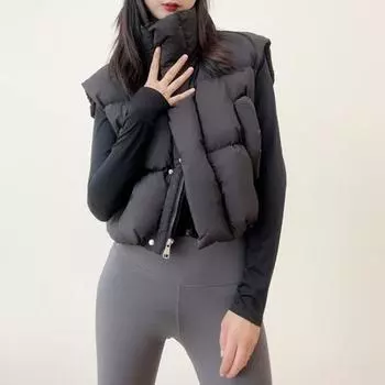 Женский толстый теплый жилет осень-зима свободная куртка на молнии с карманами ветрозащитный воротник-стойка жилет M бежевый