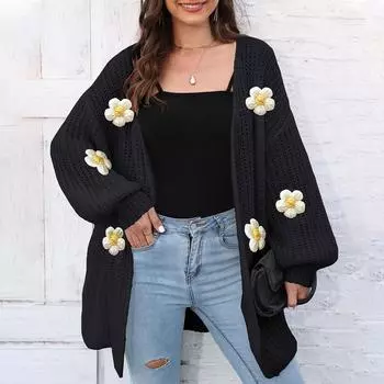 Женский толстый вязаный свитер кардиган свободный ленивый повседневный свитер One Size чёрный