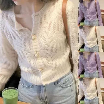 Женский тонкий ажурный трикотажный кардиган кардиган свободный короткий свитер куртка One Size фиолетовый