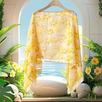 Женский тонкий цветочный принт, защита от ультрафиолета, солнцезащитный крем, пончо, пуловер, шаль, шифоновый шарф, пляжная мода