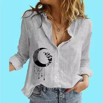 Женский тонкий хлопковый льняной топ, женская мода, кардиган с воротником с лацканами, женская повседневная блузка с лунным принтом S белый