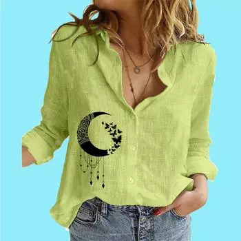 Женский тонкий хлопковый льняной топ, женская модная рубашка с воротником-лацканами, женская повседневная блузка с принтом луны S белый