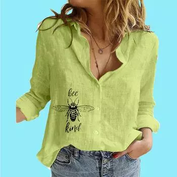 Женский тонкий хлопковый льняной топ, женская модная рубашка с воротником-лацканами, женская повседневная блузка с принтом пчелы S белый