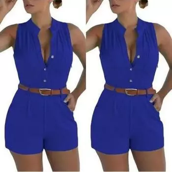 Женский тонкий комбинезон с V-образным вырезом в облегающем стиле, летний однотонный узкий комбинезон без рукавов, шорты с высокой талией S королевский синий