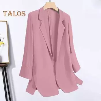 Женский тонкий костюм, пальто с лацканами, рукав три четверти, пиджак, однотонный, свободный крой, с открытой передней частью, офисное женское пальто, рабочая одежда 2XL розовый