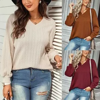 Женский тонкий модный темпераментный свободный вязаный топ с v-образным вырезом L бежевый