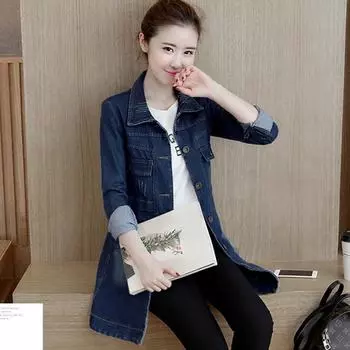 Женский тонкий однобортный джинсовый тренчкот средней длины с длинными рукавами S светло-синий