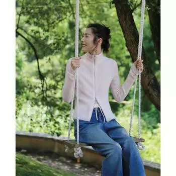 «Женский тонкий однотонный шерстяной свитер 2024 года, осень/зима, с двойной молнией и высоким воротником на шнурке» L светло-розовый