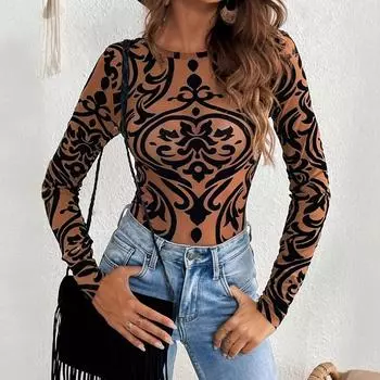 Женский тонкий пуловер с круглым вырезом и принтом на весну и осень S коричневый