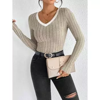 Женский тонкий сексуальный трикотажный топ с длинным рукавом, женский топ с V-образным вырезом и отделкой по краю, новый повседневный женский пуловер на осень и зиму XL
