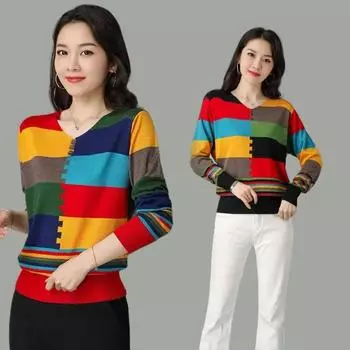Женский тонкий свитер-пуловер с длинными рукавами и цветовым сочетанием на весну и осень, свободный топ S