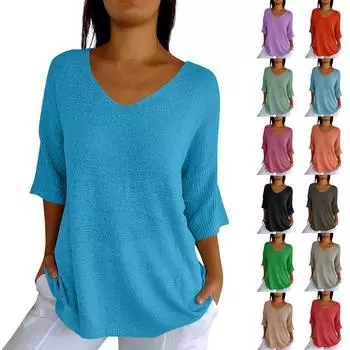 Женский тонкий свитер, рубашка с v-образным вырезом, свободный топ с семью рукавами One size чёрный