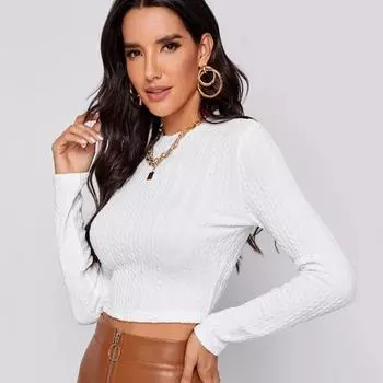 Женский тонкий свитер с круглым вырезом, однотонный укороченный топ с пупком XS белый