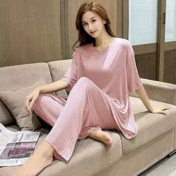 Женский тонкий свободный домашний костюм на весну и лето, однотонный повседневный комплект из двух предметов: блузка с короткими рукавами и брюки XS светло-фиолетовый