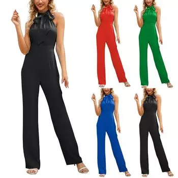 Женский тонкий темпераментный комбинезон, прямые брюки без рукавов с воротником-стойкой и бантом L чёрный