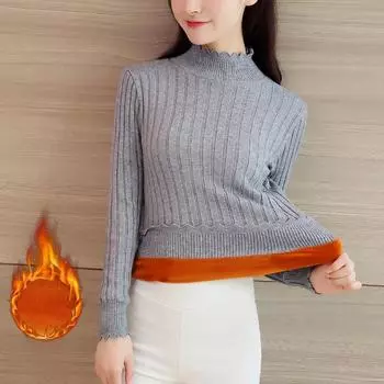 Женский тонкий утепленный свитер с подкладкой, зимний новый короткий повседневный теплый вязаный свитер с полувысоким воротом S жженая сиена