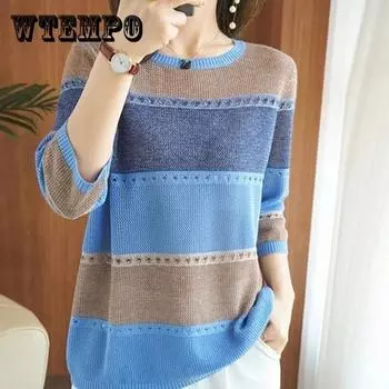 Женский тонкий вязаный свитер большого размера на весну и осень, свободный полосатый пуловер с короткими рукавами и круглым воротником, свитер One Size синий