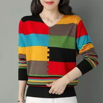Женский тонкий вязаный свитер с длинными рукавами и цветными блоками, тонкий пуловер с v-образным вырезом, вязаный свободный топ XXXL темно-синий