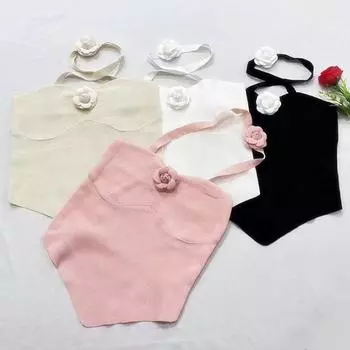 Женский тонкий вязаный жилет без бретелек с воротником-халтершейком и объемным цветочным укороченным топом One Size розовый