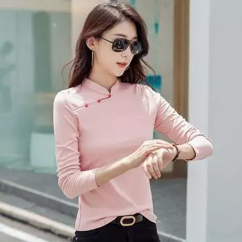 Женский топ 3XL на осень и зиму с воротником-стойкой, диагональной застежкой на пуговицы в стиле ретро, облегающий хлопковый удобный длинный рукав, футболка женская S