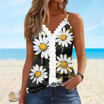 Женский топ без рукавов, пляжный топ с кружевным вырезом и V-образным вырезом с принтом на бретелях M жёлтый