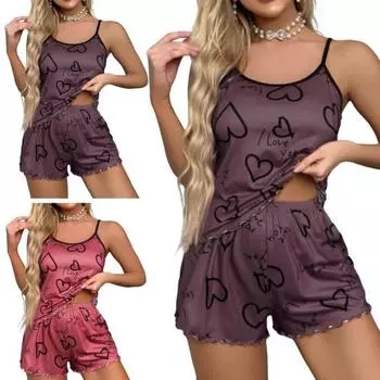 Женский топ без рукавов с круглым вырезом, 2 шт./компл., эластичный пижамный комплект с принтом сердца и ремешками, высокая талия, сборка M зелёный