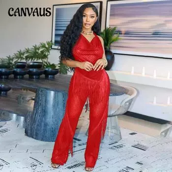 Женский топ без рукавов с открытой спиной и завязками на шее, сексуальный комплект из двух предметов с кисточками и узкими свободными брюками S чёрный