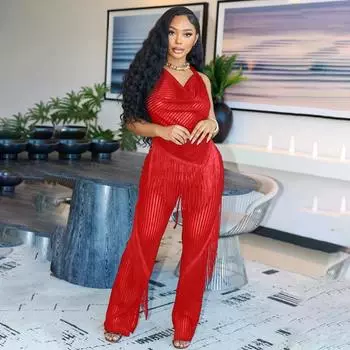 Женский топ без рукавов с открытой спиной и завязками на шее, сексуальный комплект из двух предметов с кисточками и узкими свободными брюками S чёрный