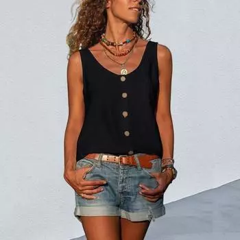 Женский топ без рукавов с пуговицами, однотонный декор с карманами, v-образным вырезом, женская повседневная армейская камуфляжная майка, женская одежда XL чёрный