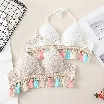 Женский топ бикини, супер дышащий вязаный V-образный вырез, спагетти-ремень, кисточка белый