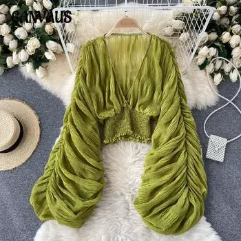 Женский топ больших размеров Design Sense Niche с плиссировкой и рукавами-фонариками Slim Short из шифона one size белый