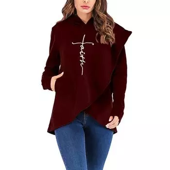 Женский топ больших размеров, однотонный флисовый свитер с длинными рукавами нерегулярной формы с капюшоном M винный