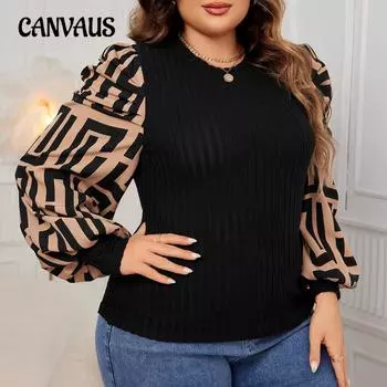 Женский топ больших размеров с круглым вырезом и длинными рукавами для похудения с принтом XL чёрный