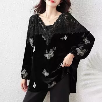Женский топ больших размеров с V-образным вырезом, кружевной ажурный бархатный топ, осенний свободный крой, бисер, пайетки M чёрный