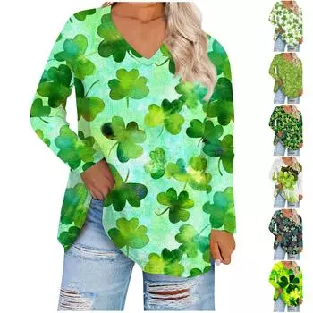Женский топ большого размера с v-образным вырезом, повседневные свободные удобные футболки с длинными рукавами с принтом, топы