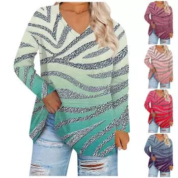 Женский топ большого размера с v-образным вырезом, повседневные свободные удобные футболки с длинными рукавами с принтом, топы XXL синий