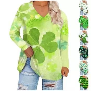 Женский топ большого размера с v-образным вырезом, повседневные свободные удобные футболки с длинными рукавами с принтом, топы XXL